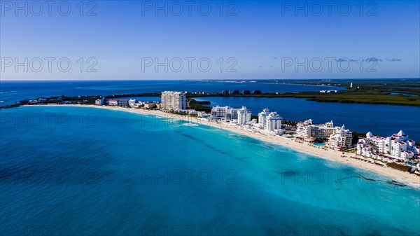 Aerial of the hotel zone with the turquoise waters of Cancun