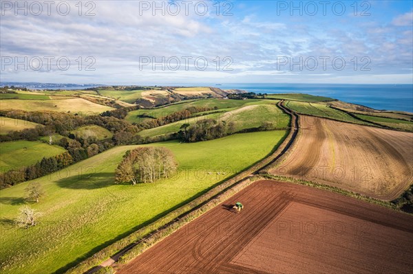 Autumn over Devon fields and farms from a drone