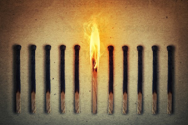 Burning match standing middle a row of extinguished