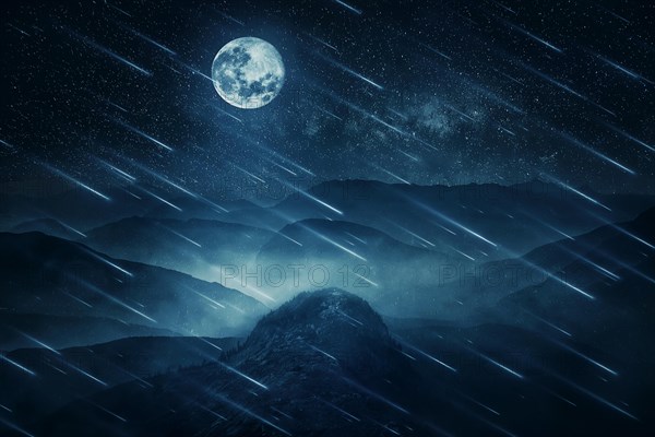 Full moon night landscape as blue stars falling above the misty hills in the center of nature