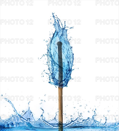 Matchstick burning in a water flame isolated on white