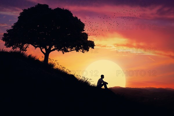 Boy sit alone on a hill in the center of nature