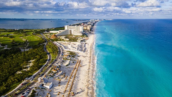 Aerial of the hotel zone with the turquoise waters of Cancun