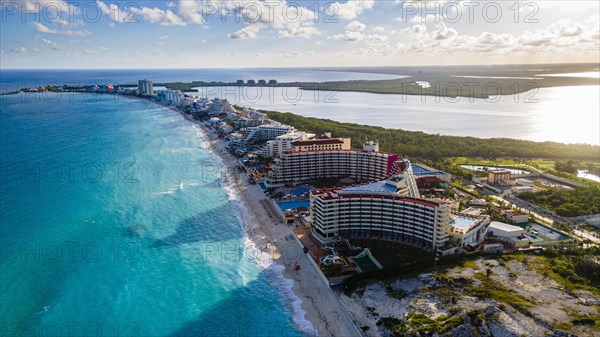 Aerial of the hotel zone with the turquoise waters of Cancun