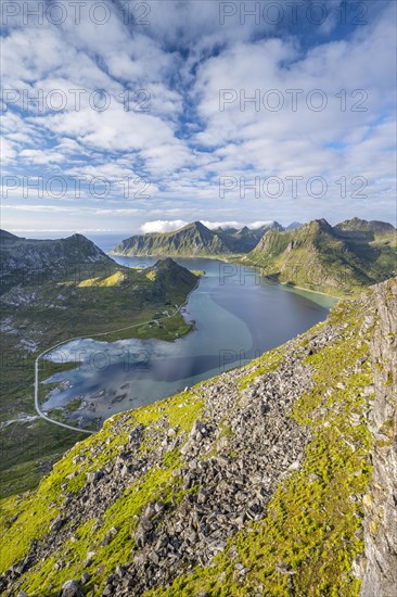 View from the mountain Kollfjellet to the fjord and mountains of Lofoten