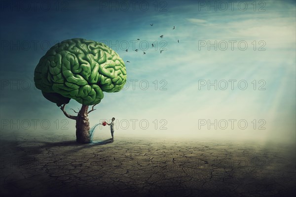 Surreal brain tree in a desolate land and a determined person watering it using a sprinkling can