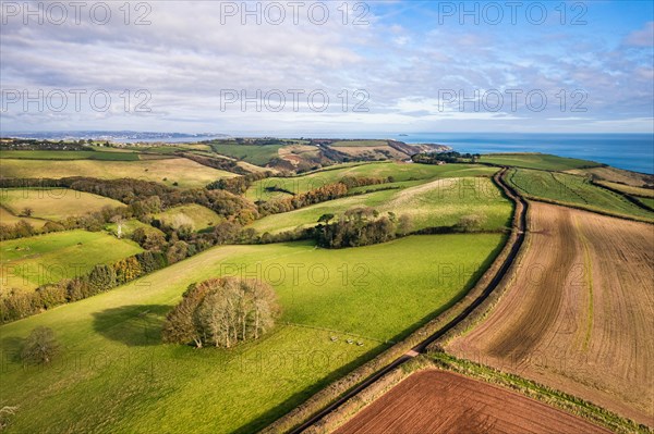 Autumn over Devon fields and farms from a drone