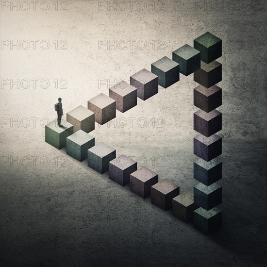 Lost and confused man walks puzzled on a penrose triangle