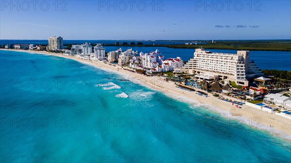 Aerial of the hotel zone with the turquoise waters of Cancun