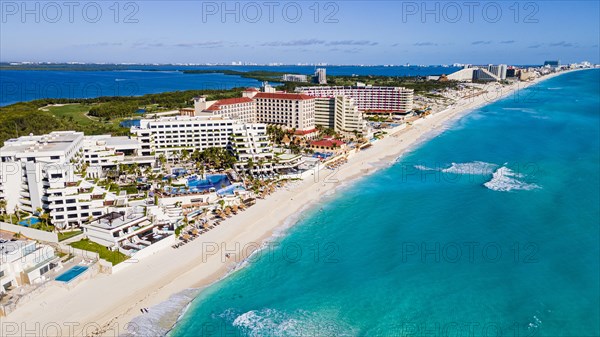 Aerial of the hotel zone with the turquoise waters of Cancun