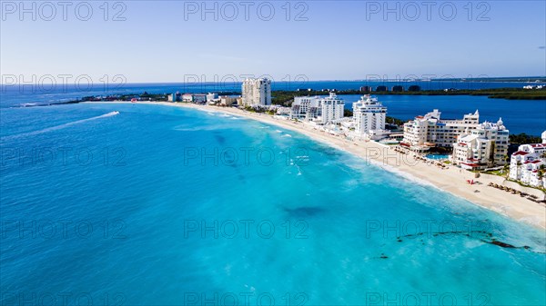 Aerial of the hotel zone with the turquoise waters of Cancun