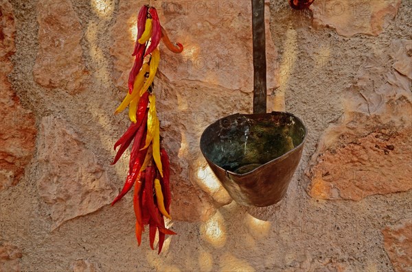 Dried red and yellow pepperoni on a house wall