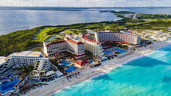 Aerial of the hotel zone with the turquoise waters of Cancun