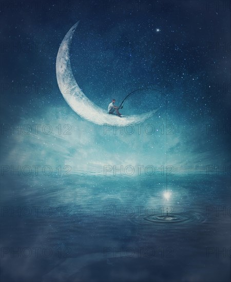 Surreal scene with a boy fishing for stars