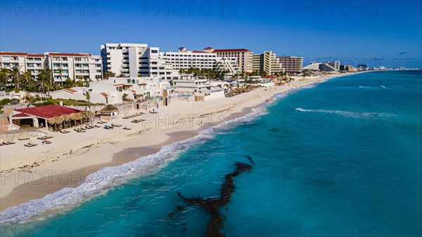 Aerial of the hotel zone with the turquoise waters of Cancun