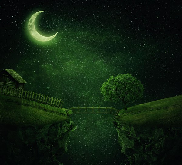Country image with a wood bridge connecting two hills