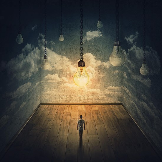 Surreal scene with a person isolated in a huge dark room and a lot of light bulb hangs above his head