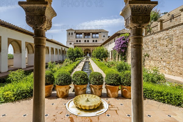 Generalife Moorish palace with green courtyard in Alhambra