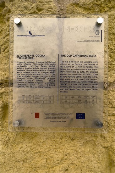 Tourist Information Board on Old Bells of St Marija Cathedral in Gozo Citadel