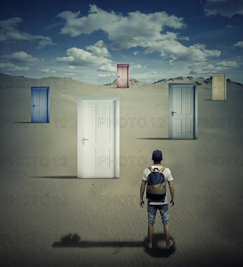 Conceptual image with a person standing in front of different closed doors