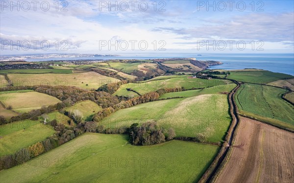 Autumn over Devon fields and farms from a drone