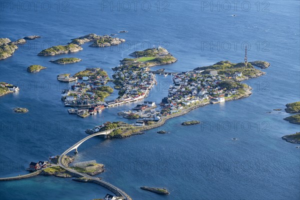 View of fishing village Henningsvaer from the top of Festvagtinden