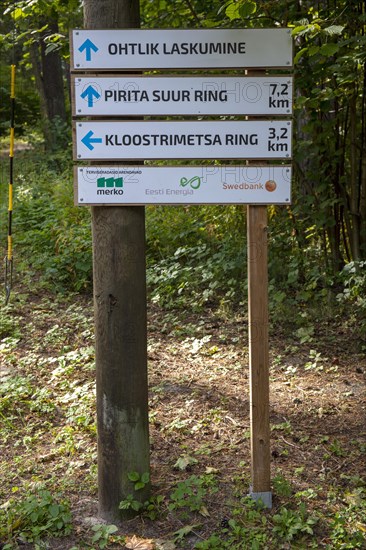 Hiking signpost in the forest along the Pirita River