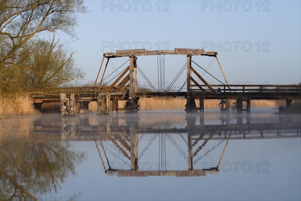 Historic wooden drawbridge over the Trebel near Nehringen