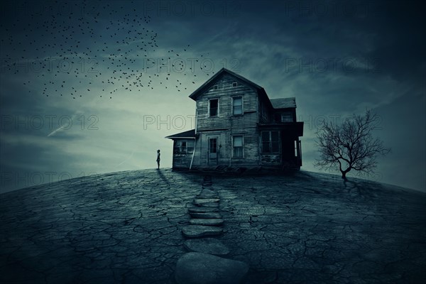 Young man stand at the corner of a ravaged house