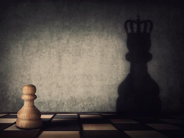 Surreal transformation of the pawn chess piece into a powerful king or queen