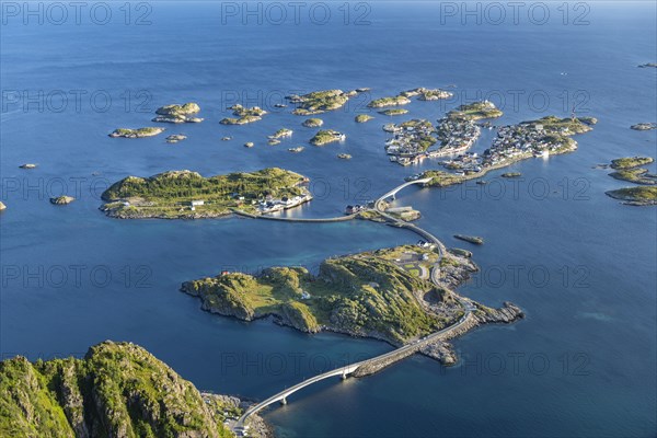 View of fishing village Henningsvaer from the top of Festvagtinden