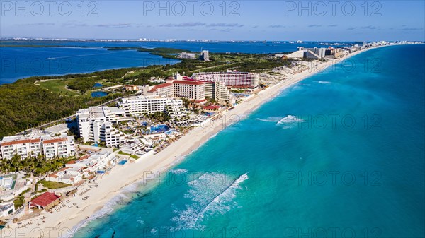 Aerial of the hotel zone with the turquoise waters of Cancun