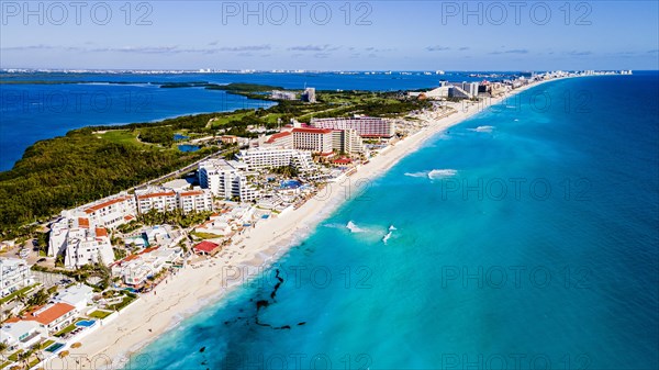 Aerial of the hotel zone with the turquoise waters of Cancun