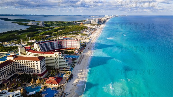 Aerial of the hotel zone with the turquoise waters of Cancun