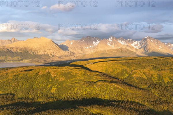 View of mountains in the Lyngen Alps in the evening mood