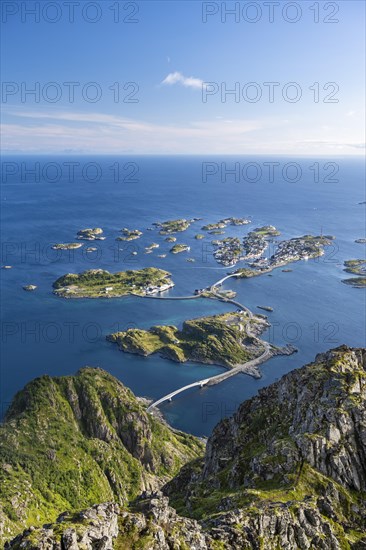 View of fishing village Henningsvaer from the top of Festvagtinden