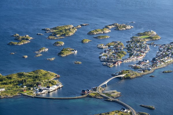 View of fishing village Henningsvaer from the top of Festvagtinden