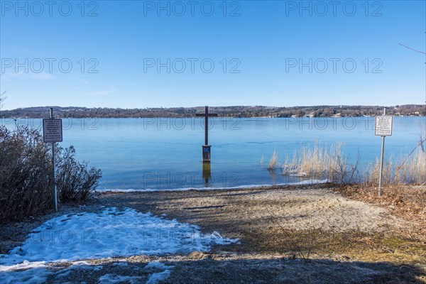 Memorial cross at the spot in the shallow shore area of Lake Starnberg where King Ludwig II of Bavaria was found dead in 1886