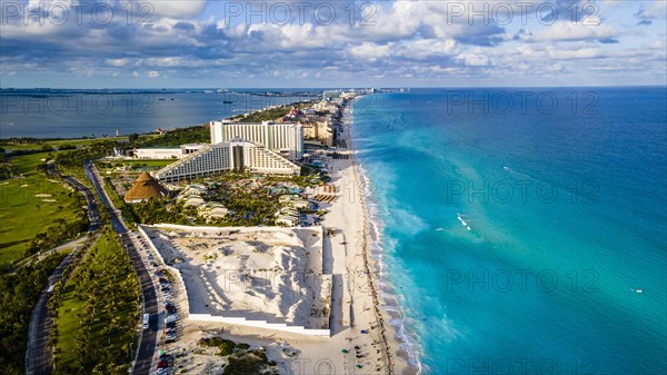 Aerial of the hotel zone with the turquoise waters of Cancun