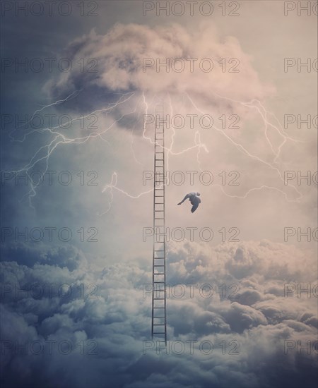 Silhouette of a fallen angel crashing down from heaven alongside a huge ladder above the clouds