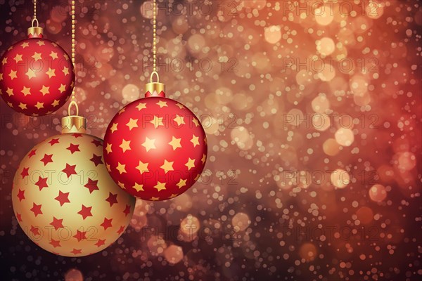 Set of red and gold Christmas balls hang on a holiday background with copy space