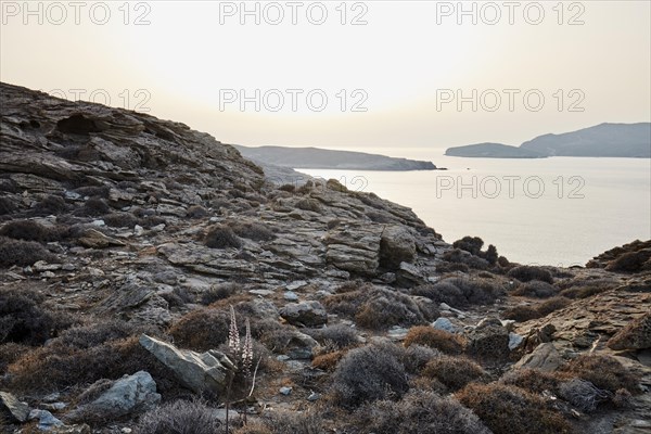 Coast of Tinos at the narrowest point to Andros in the unusual white sunset light