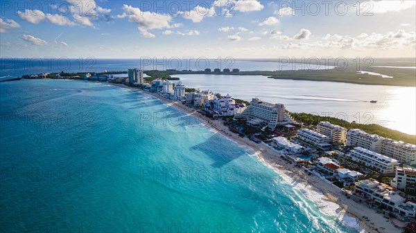 Aerial of the hotel zone with the turquoise waters of Cancun