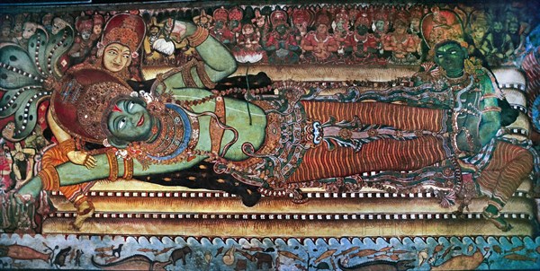 Vishnu reclining on the coils of the celestial serpent Anantha