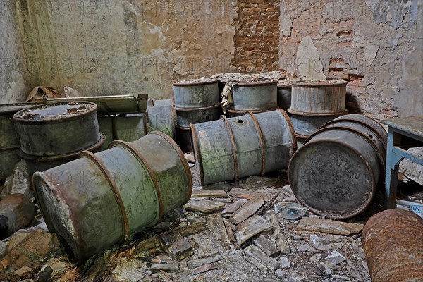 Oil barrels in warehouse at Canfranc railway station