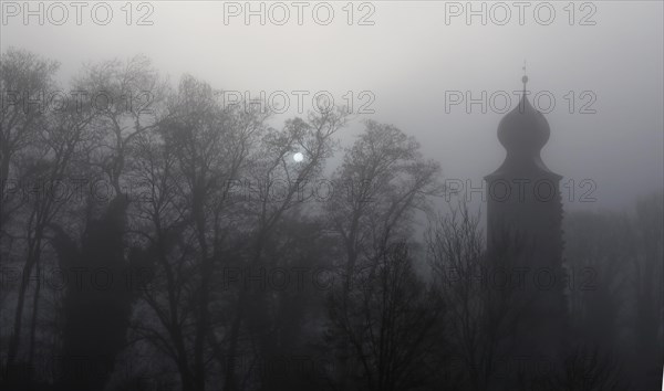 Historic water tower and bare trees in the mist