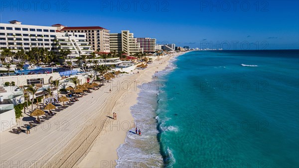 Aerial of the hotel zone with the turquoise waters of Cancun