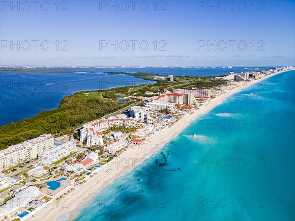 Aerial of the hotel zone with the turquoise waters of Cancun