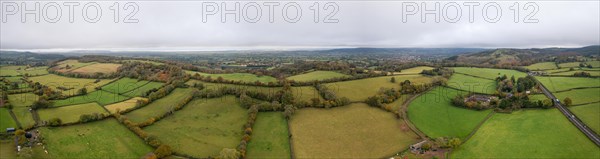 Panorama view of Autumn Colors over Bristol Airport fields from a drone