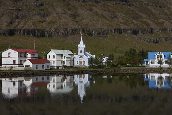 View over church and houses of Seyoisfjoerour